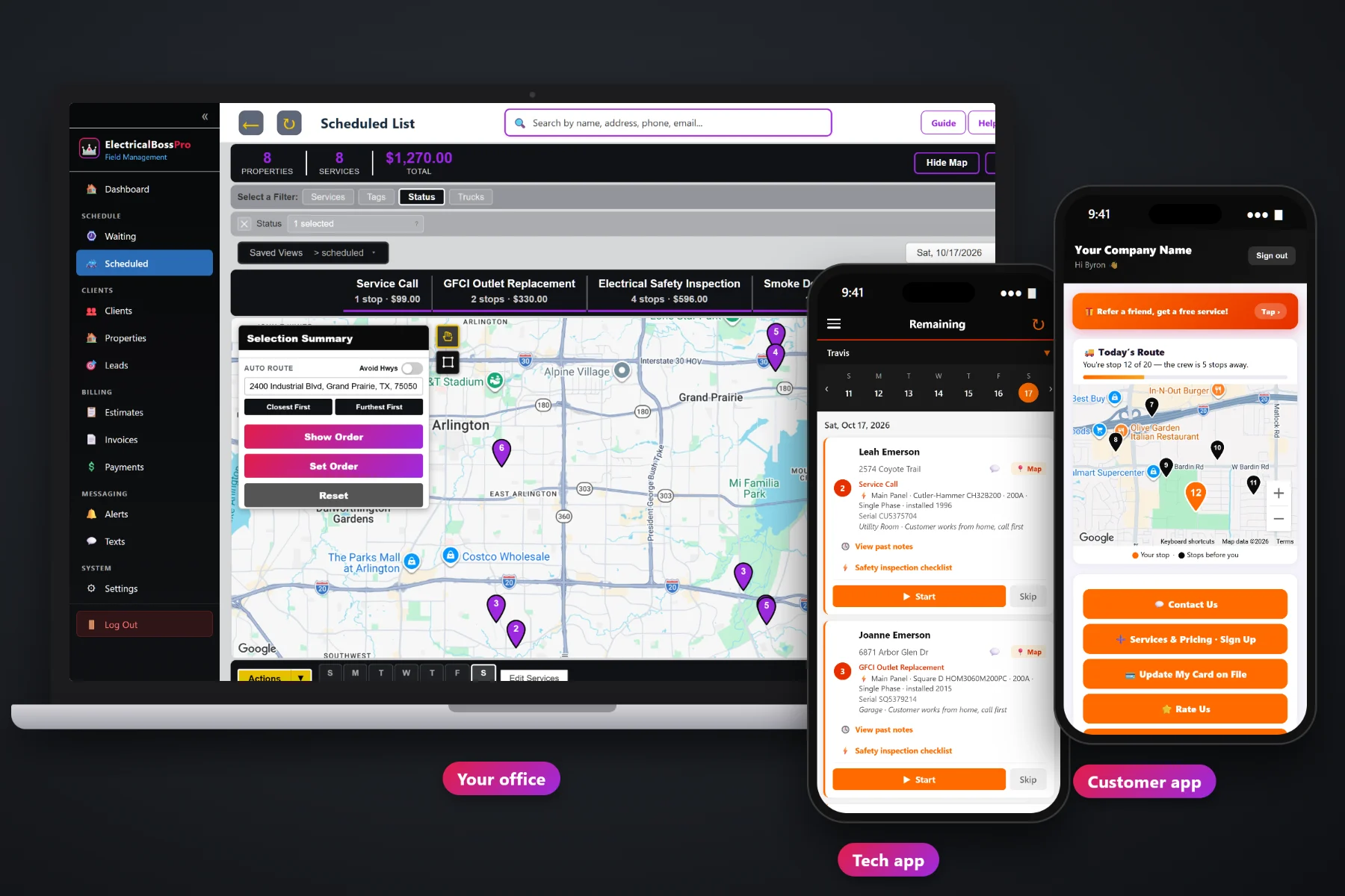 ElectricalBossPro on a laptop showing the service waiting list and dispatch map, with the tech app and the customer app on two phones